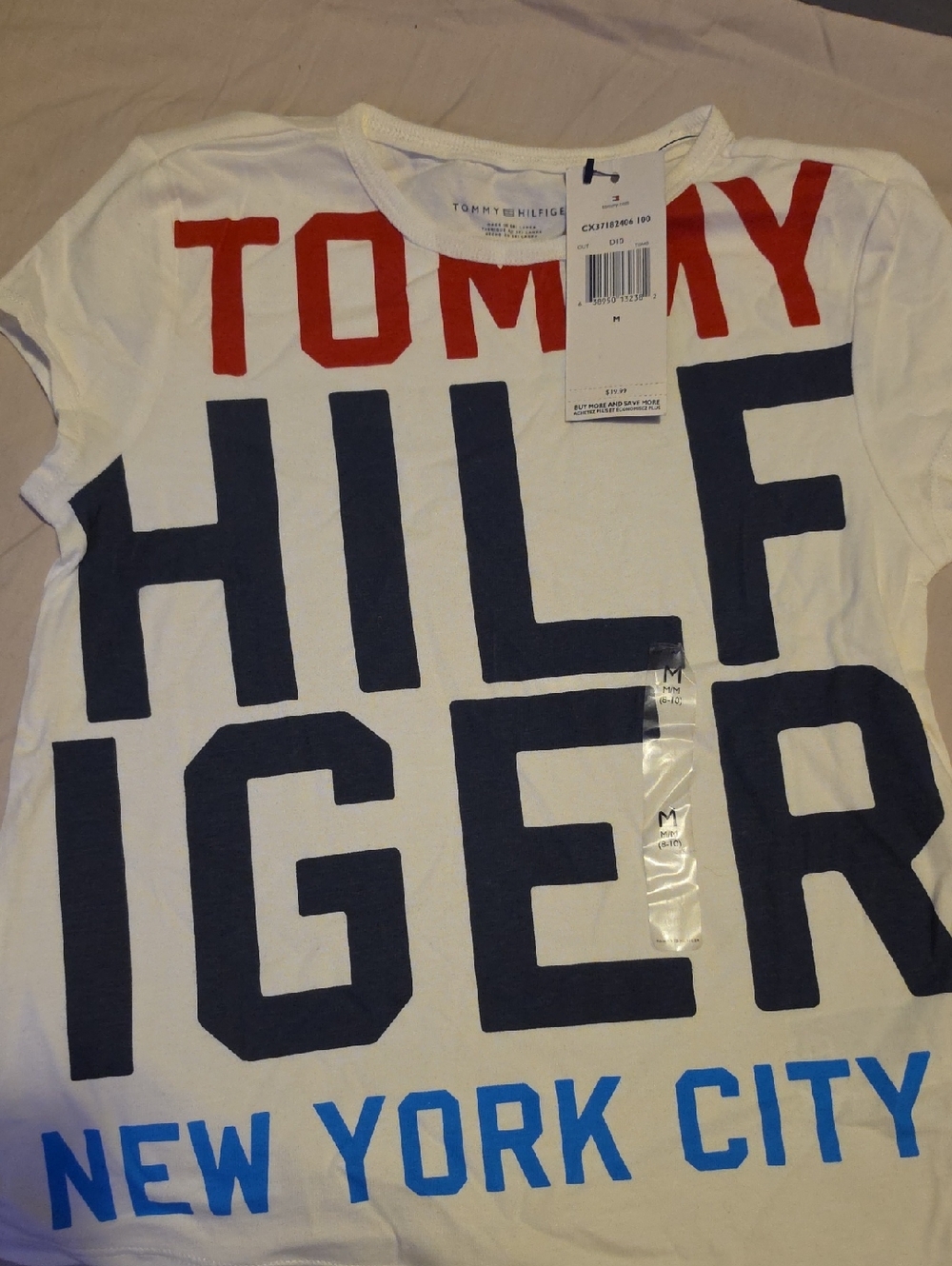 Tommy Hilfiger White Logo Tee with Red, Navy & Bright Blue Text